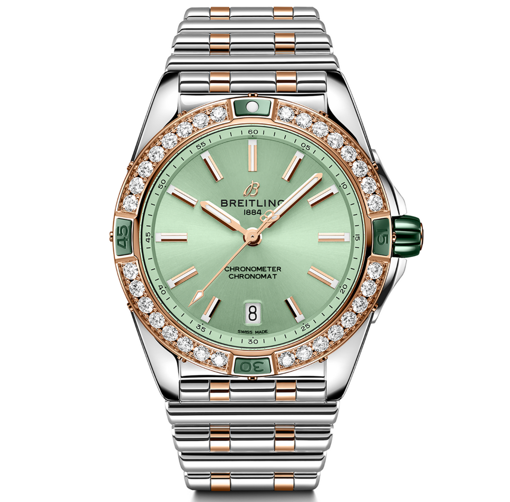 BRT Super Chronomat 38mm Diamond Watch with Mint Dial
