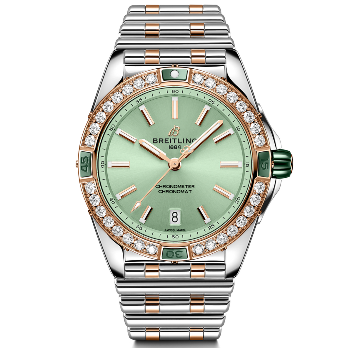 BRT Super Chronomat 38mm Diamond Watch with Mint Dial