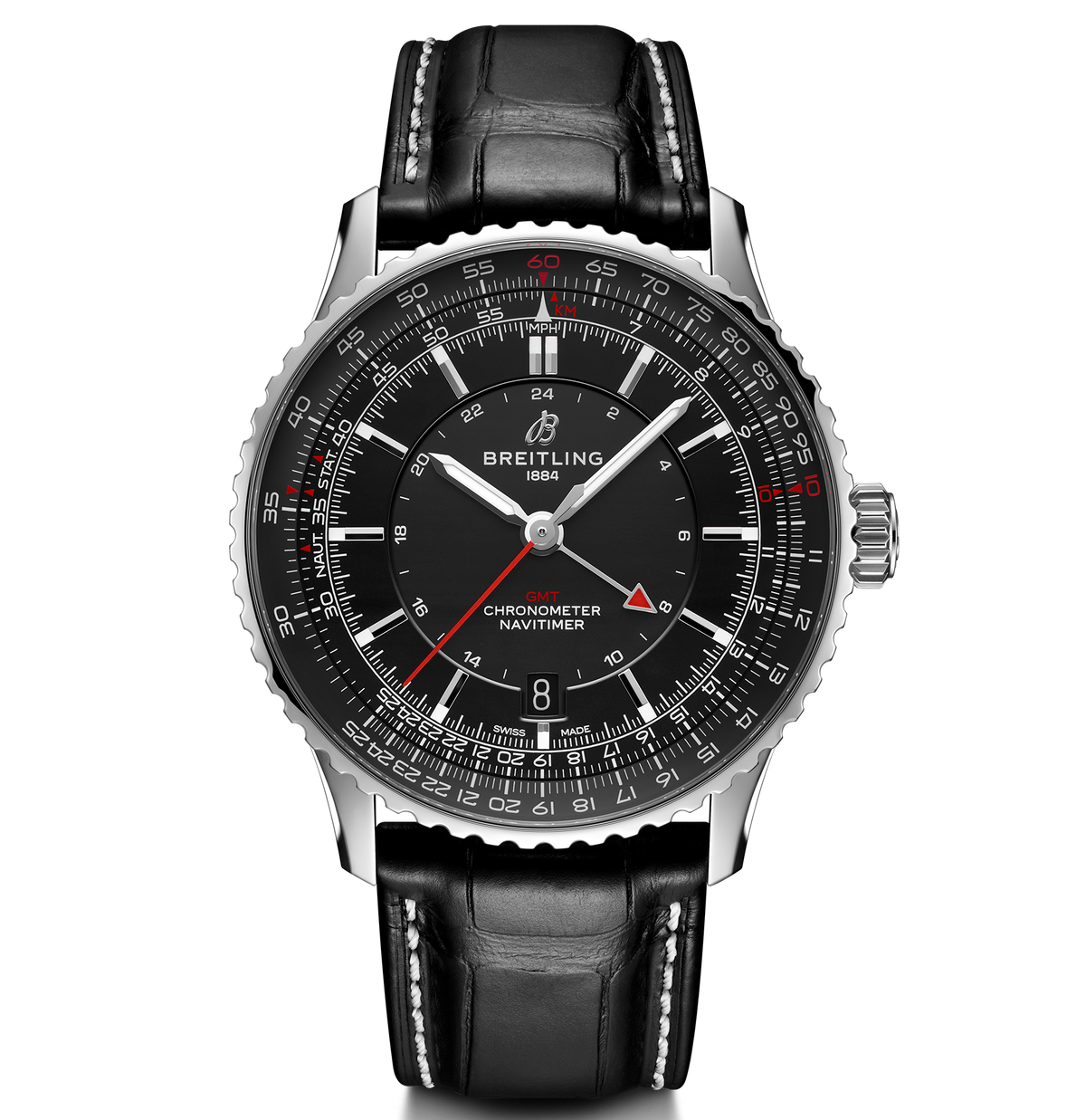 BRT Navitimer Automatic GMT 41 Watch with Black Leather Strap