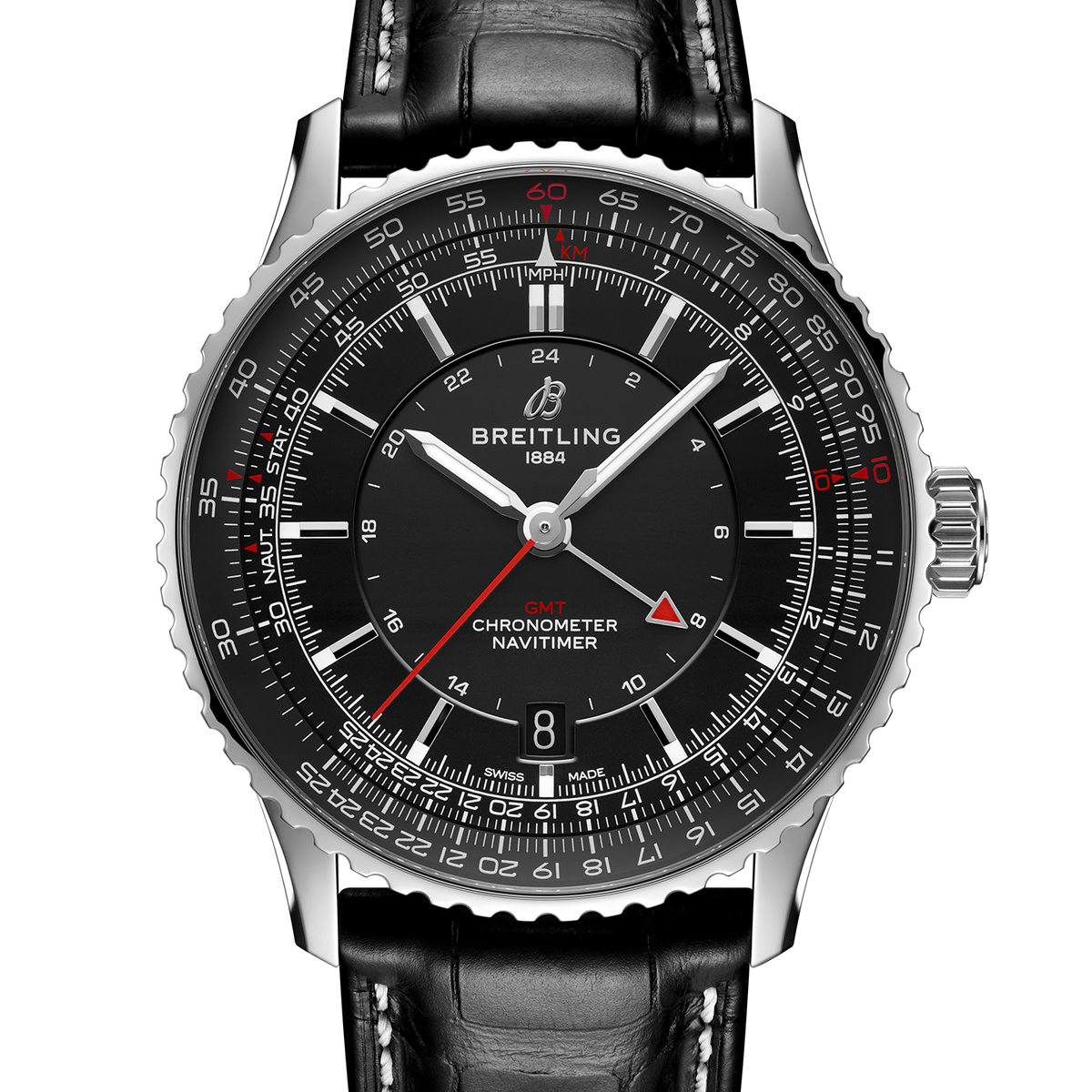 BRT Navitimer Automatic GMT 41 Watch with Black Leather Strap