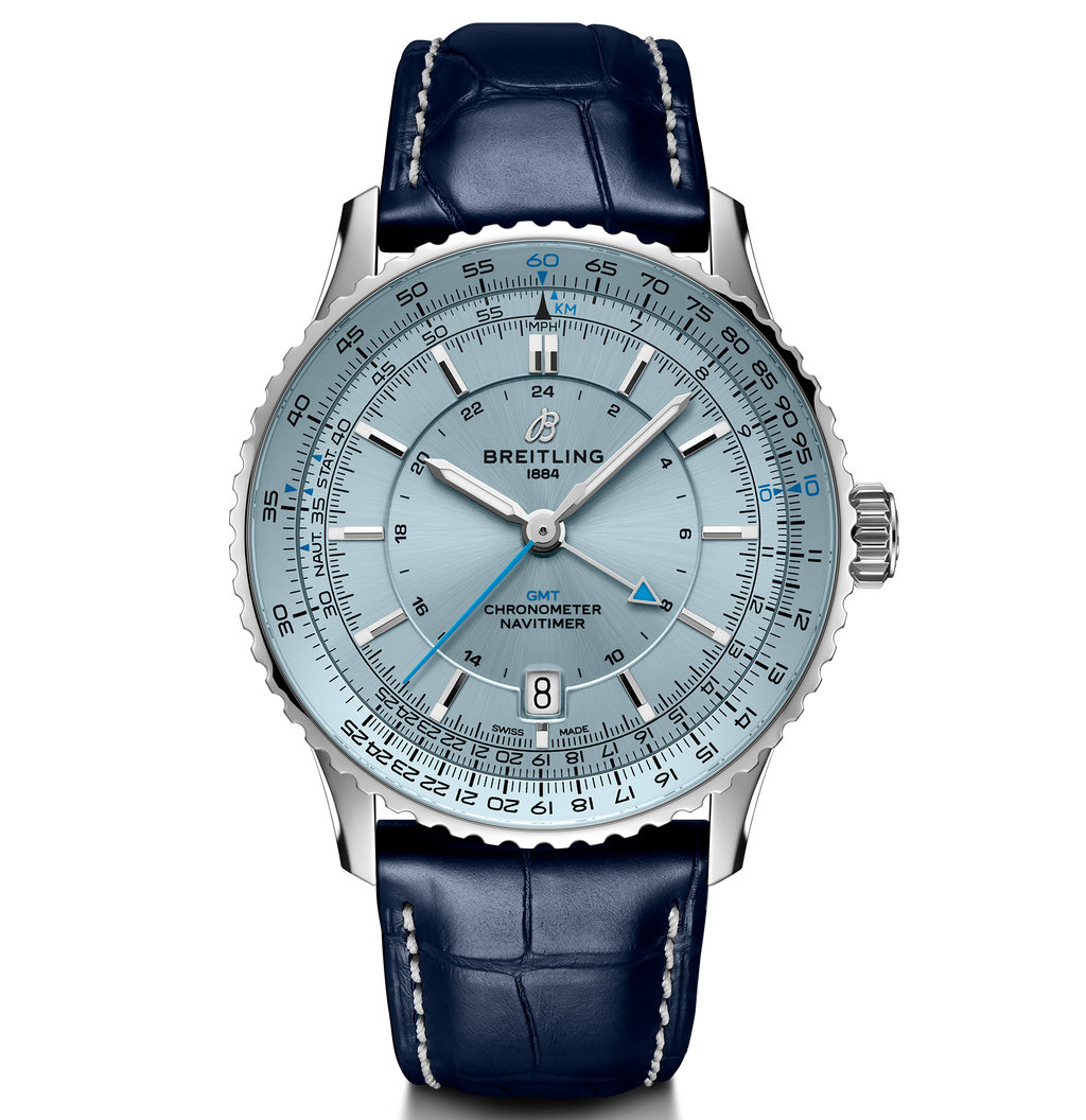 BRT Navitimer Automatic GMT 41 Watch with Navy Leather Strap