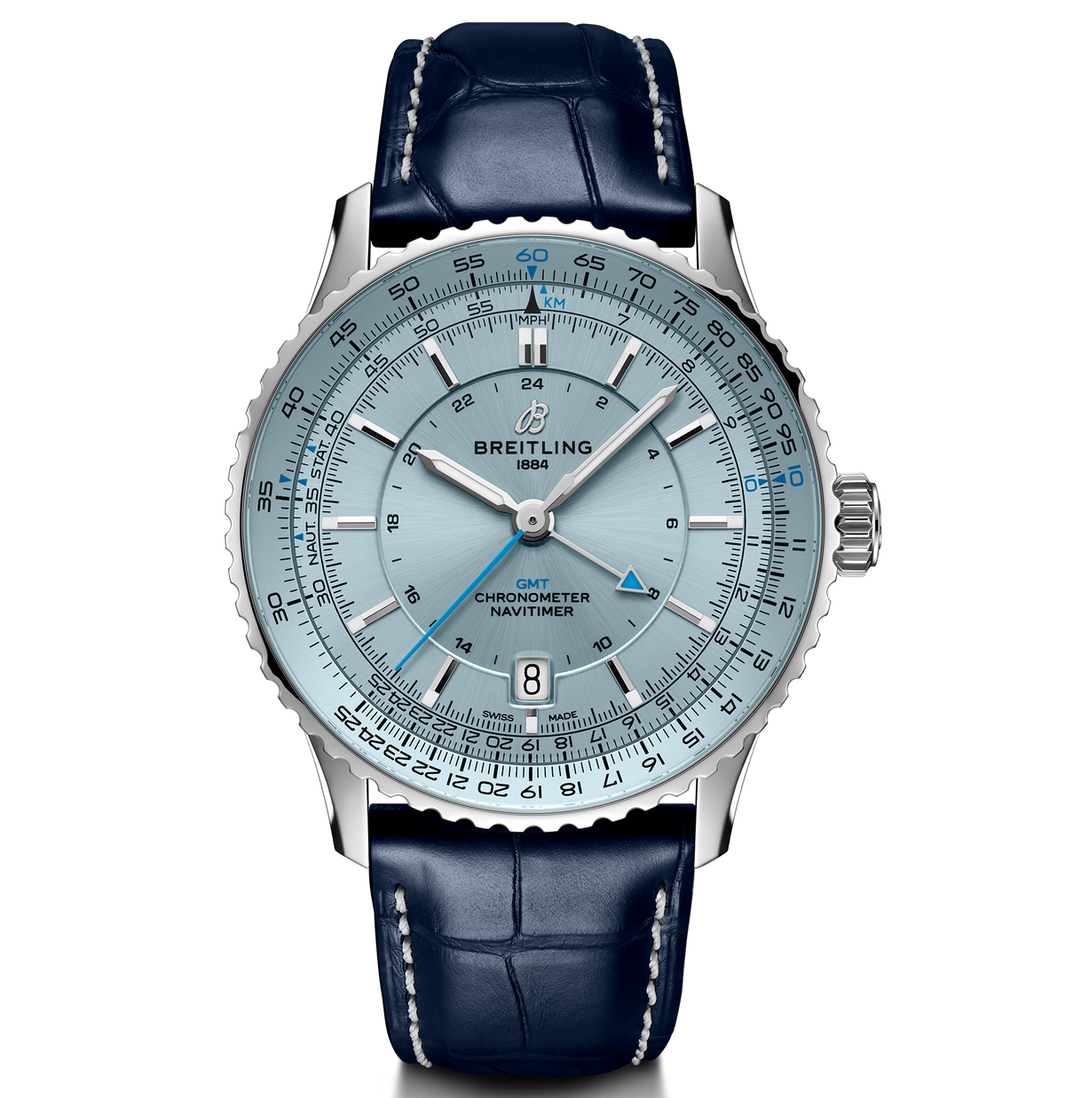 BRT Navitimer Automatic GMT 41 Watch with Navy Leather Strap