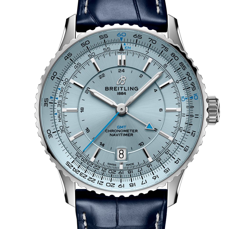 BRT Navitimer Automatic GMT 41 Watch with Navy Leather Strap