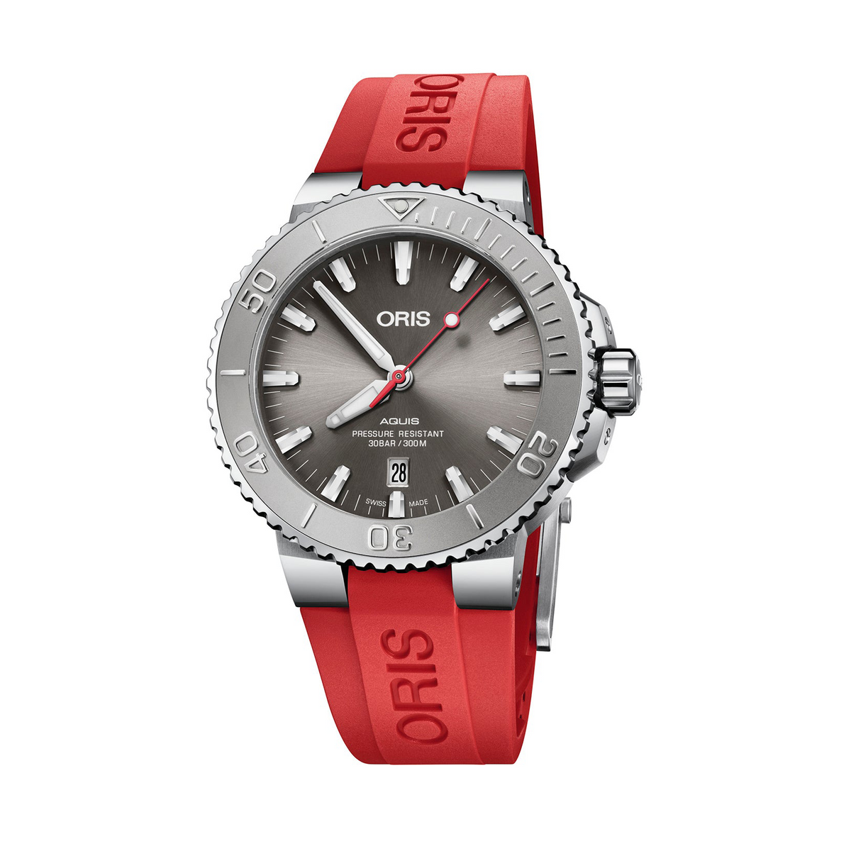 ORS Aquis Date Relief Watch with Grey Dial and Red Rubber Strap