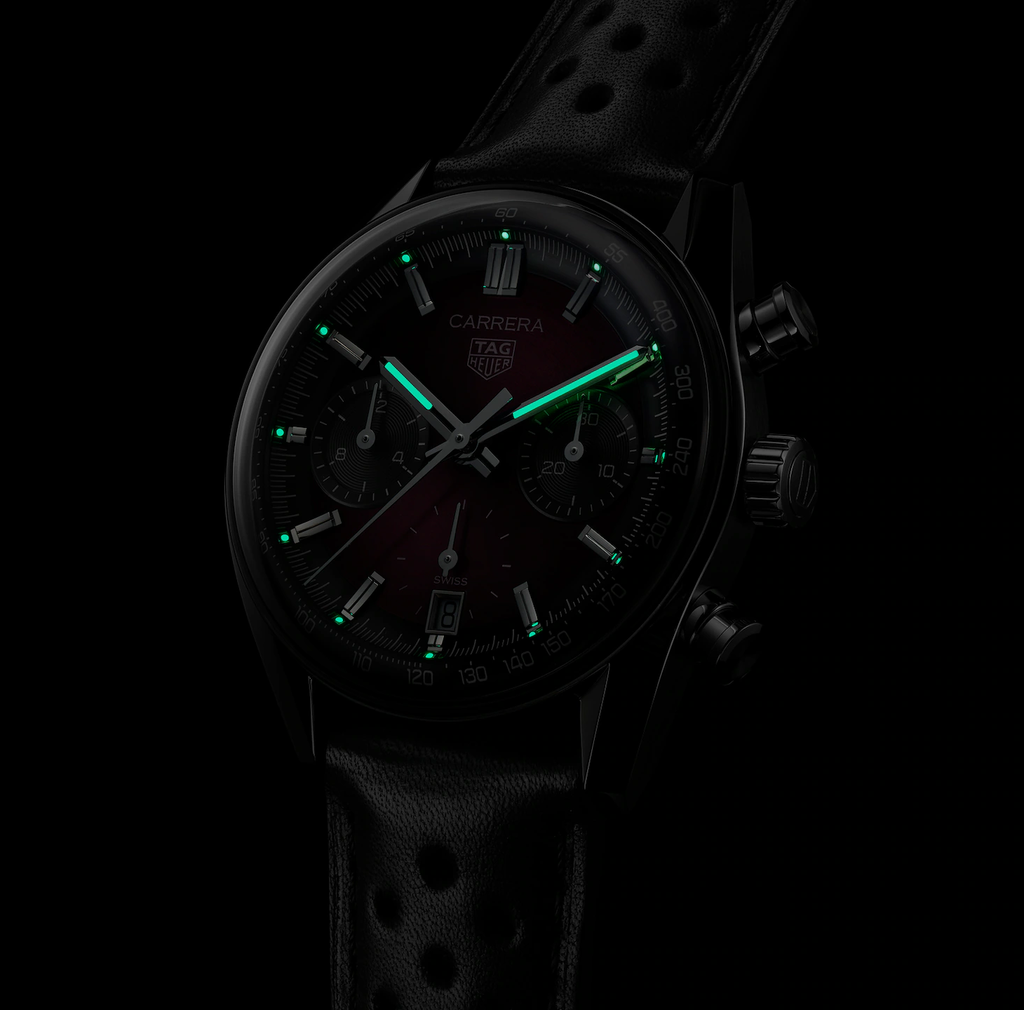 TGHR Carrera Chronograph Watch with Black Leather Strap