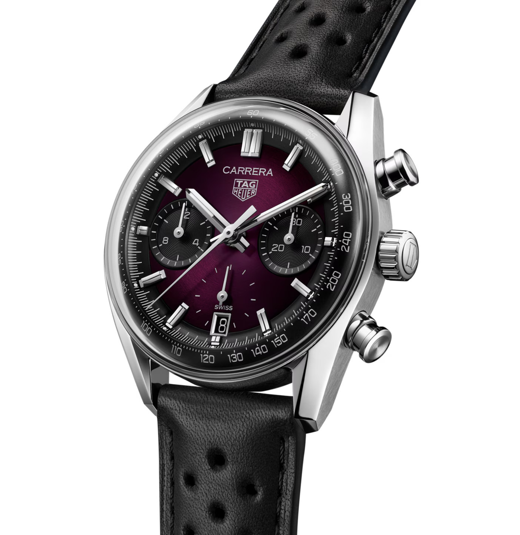 TGHR Carrera Chronograph Watch with Black Leather Strap