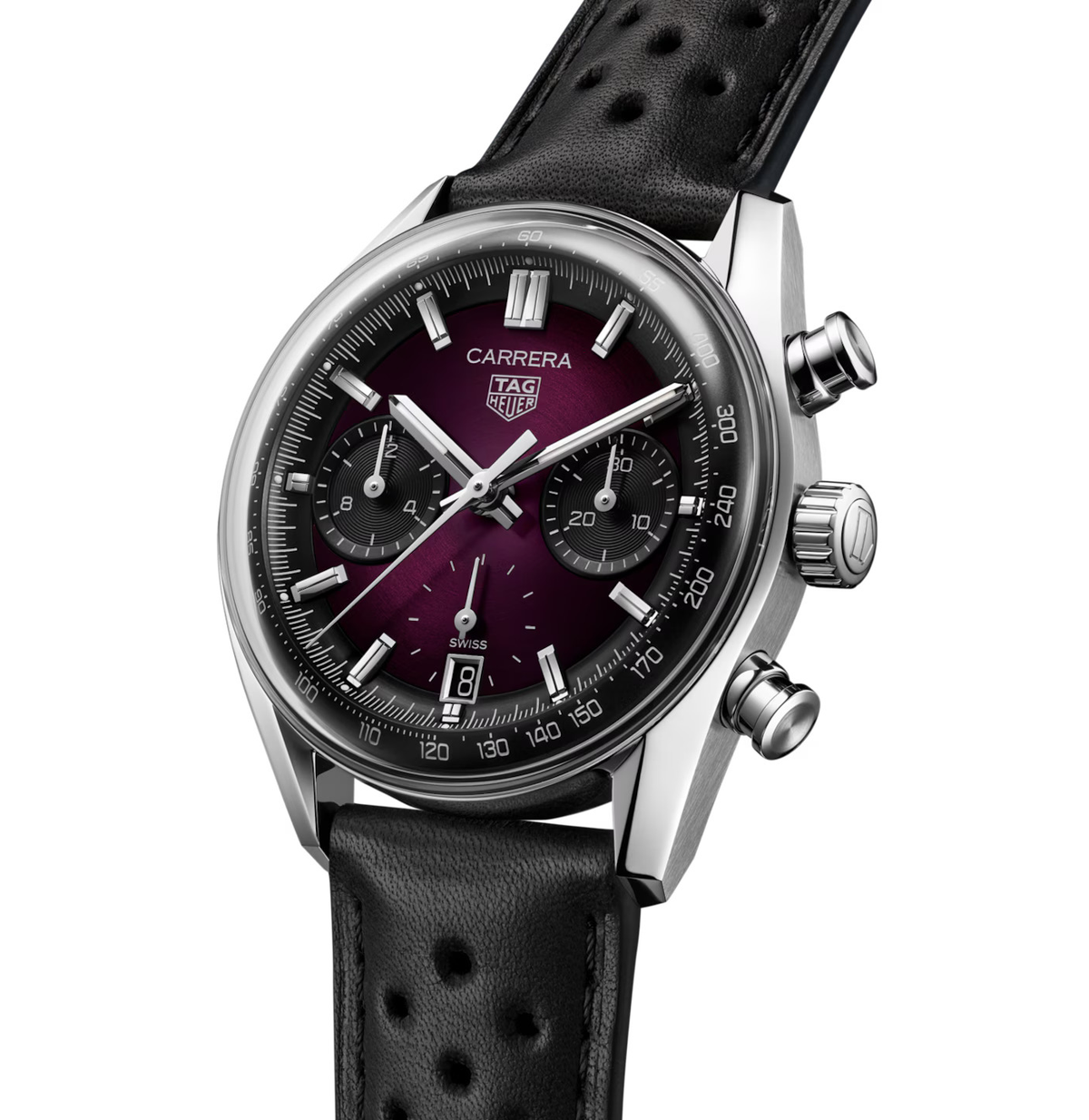TGHR Carrera Chronograph Watch with Black Leather Strap