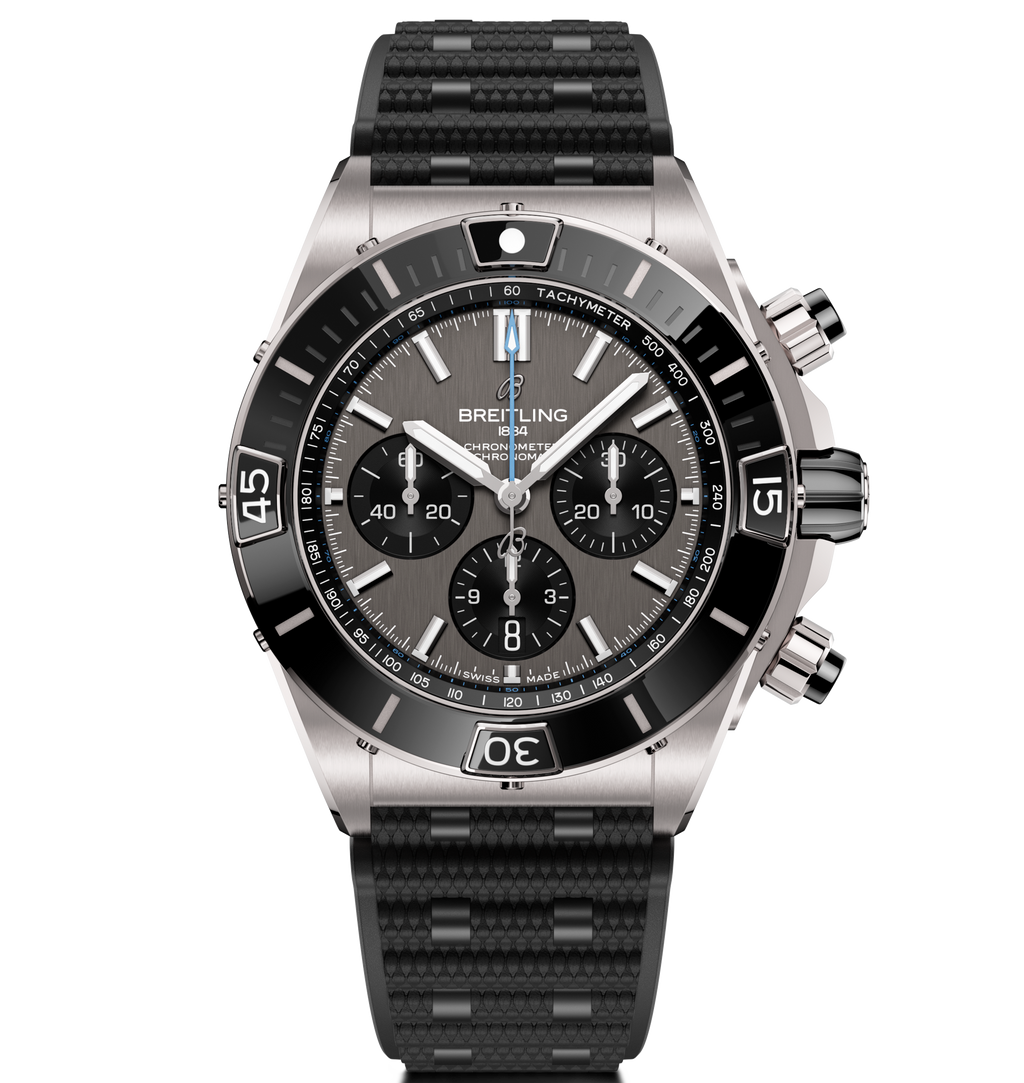 BRT Super Chronomat B01 44 Watch with Black Rubber Rouleaux Strap