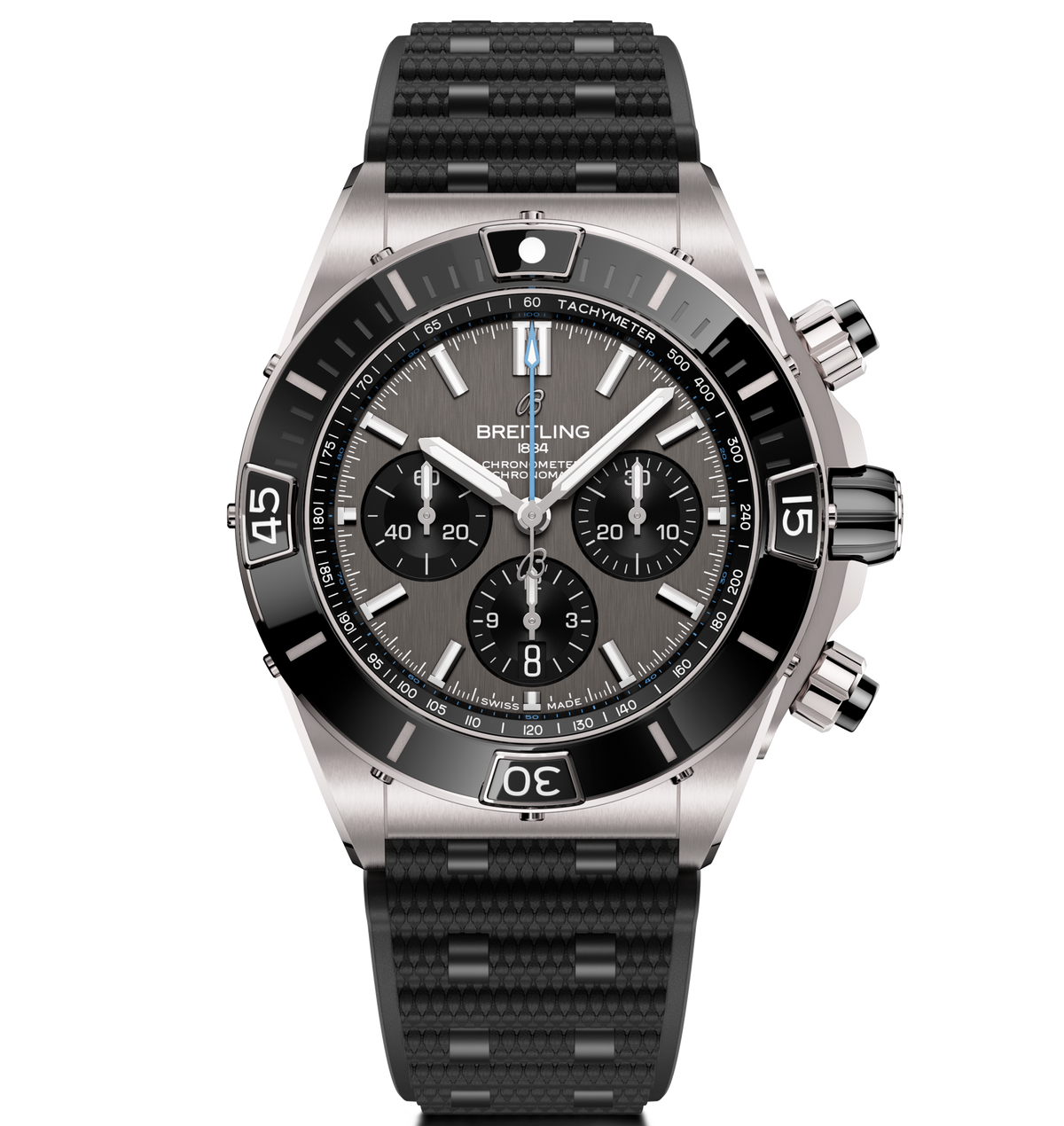 BRT Super Chronomat B01 44 Watch with Black Rubber Rouleaux Strap