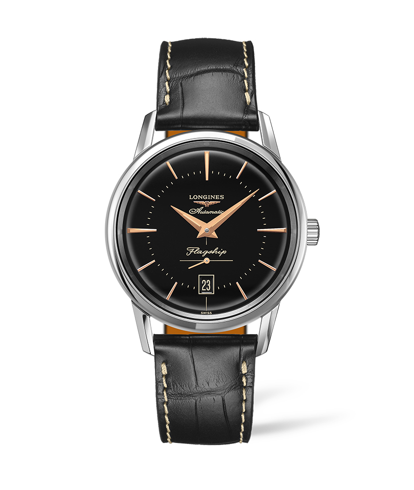 LNGS Flagship Heritage Collection 38mm Automatic Black Dial Gent's Watch with Alligator Strap