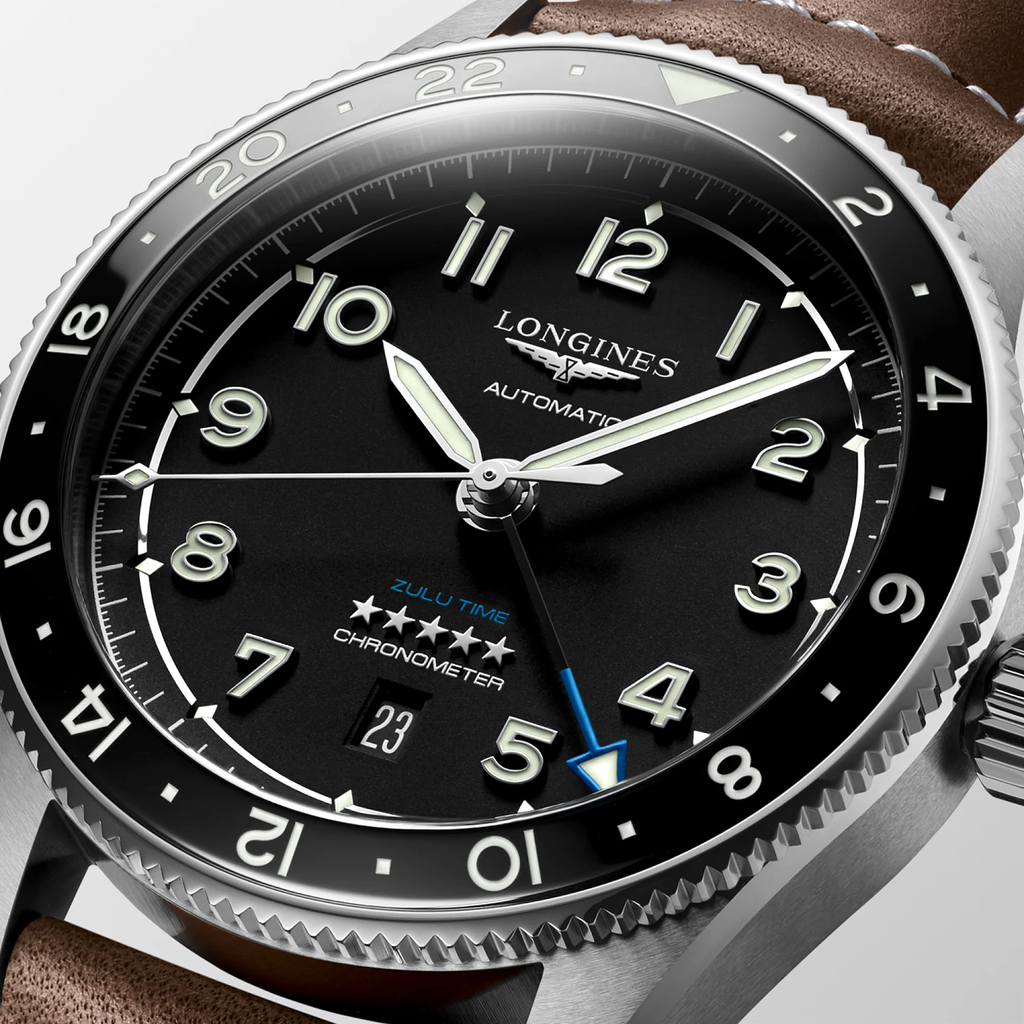 LNGS Spirit Zulu Time 42mm Watch with Brown Leather Strap