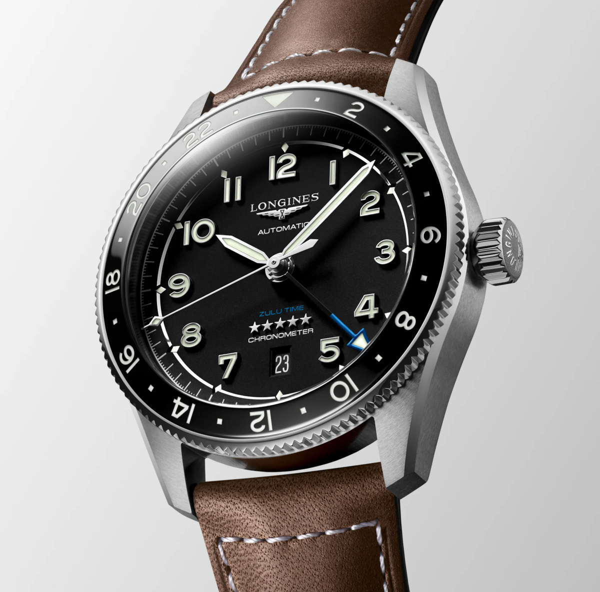 LNGS Spirit Zulu Time 42mm Watch with Brown Leather Strap