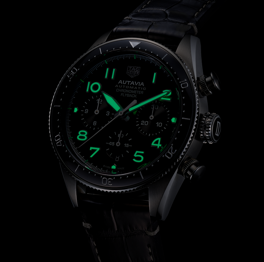 TGHR Autavia Flyback Chronometer Watch with Black Leather Strap