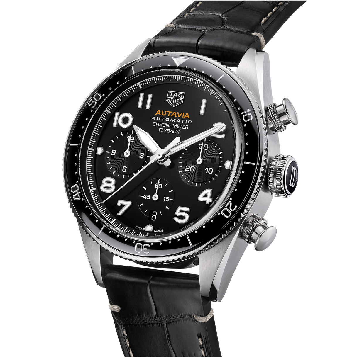 TGHR Autavia Flyback Chronometer Watch with Black Leather Strap