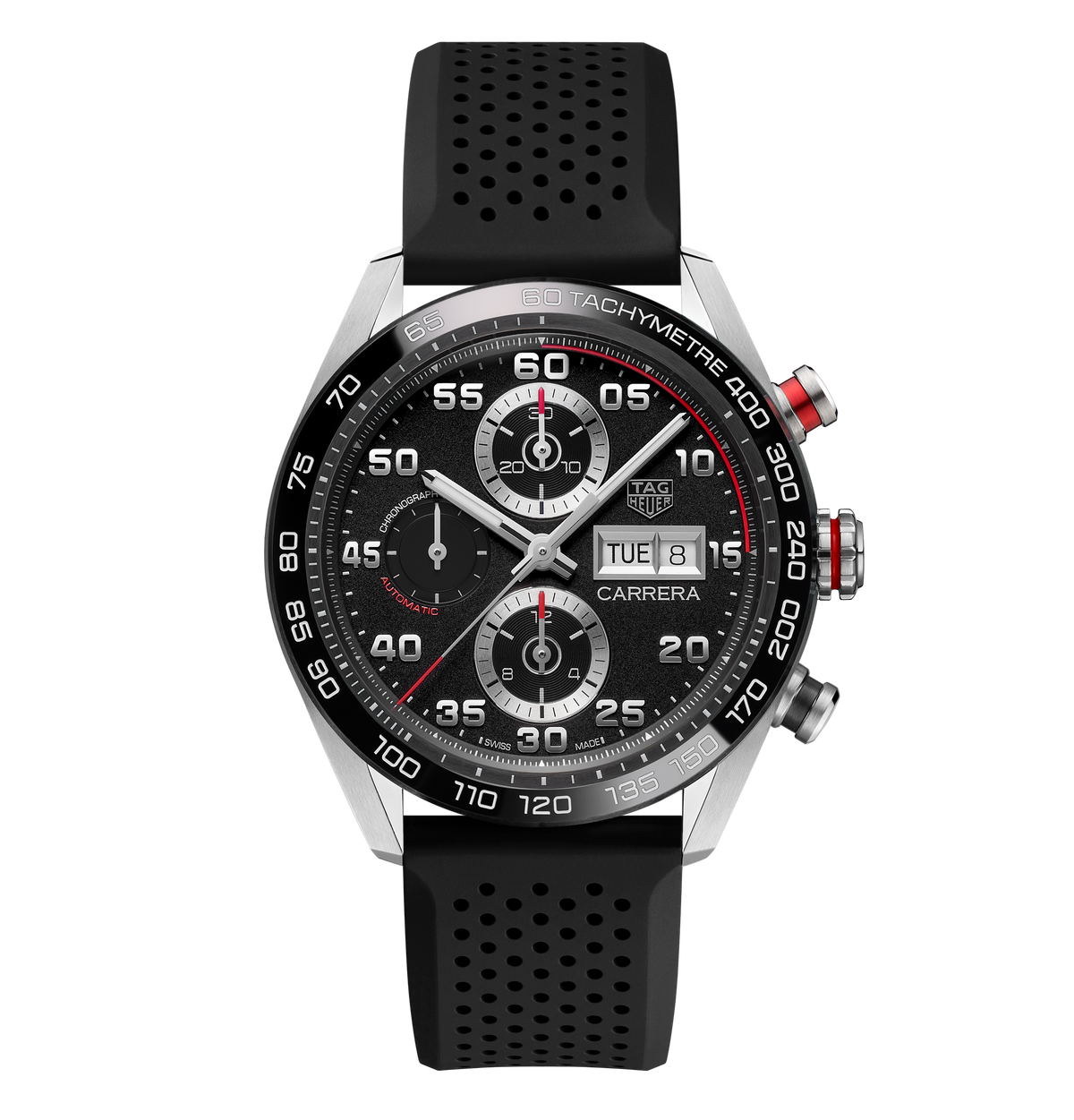 TGHR Carrera Chronograph Watch with Black Rubber Strap