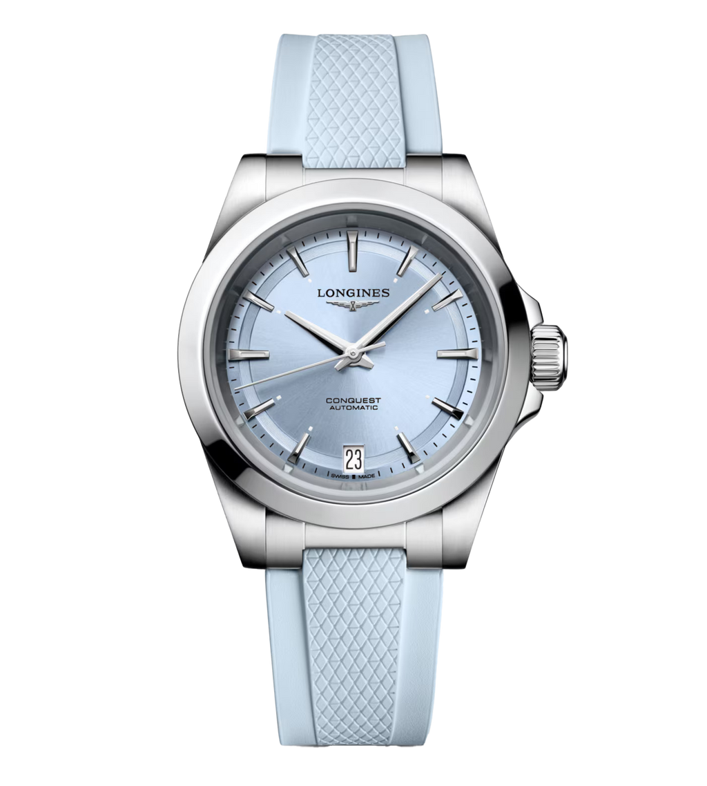 LNGS Conquest 34mm Watch with Baby Blue Rubber Strap