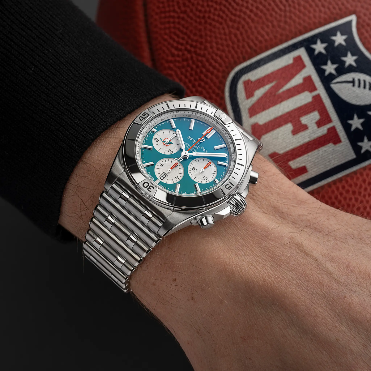 BRT Chronomat B01 42 NFL Miami Dolphins Edition with Stainless Steel Bracelet