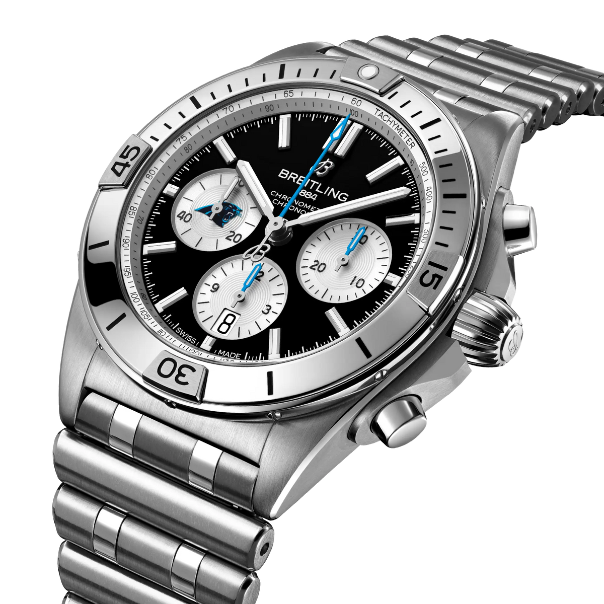 BRT Chronomat B01 42 NFL Carolina Panthers Edition with Stainless Steel Bracelet