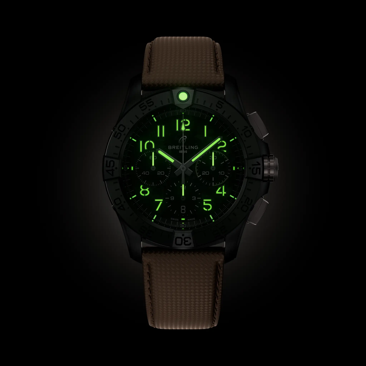 BRT Avenger B01 Chronograph 42 Night Mission Watch with Leather Strap