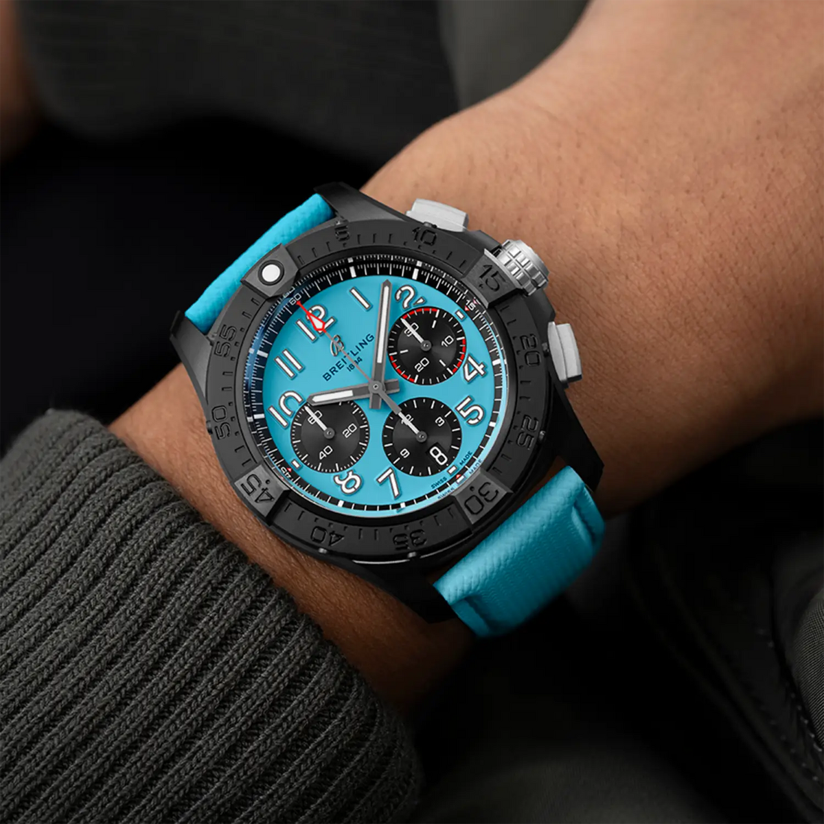 BRT Avenger B01 Chronograph 42 Night Mission Watch with Turquoise Strap
