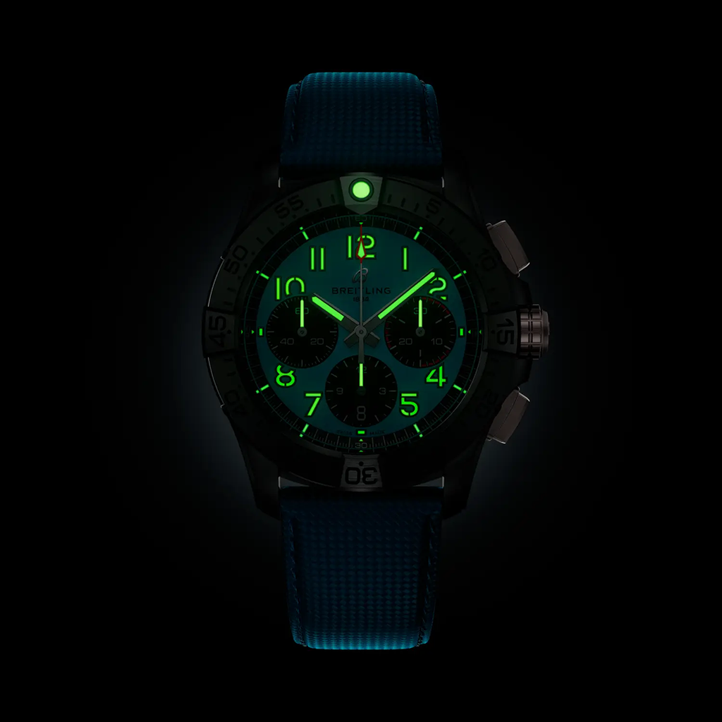 BRT Avenger B01 Chronograph 42 Night Mission Watch with Turquoise Strap