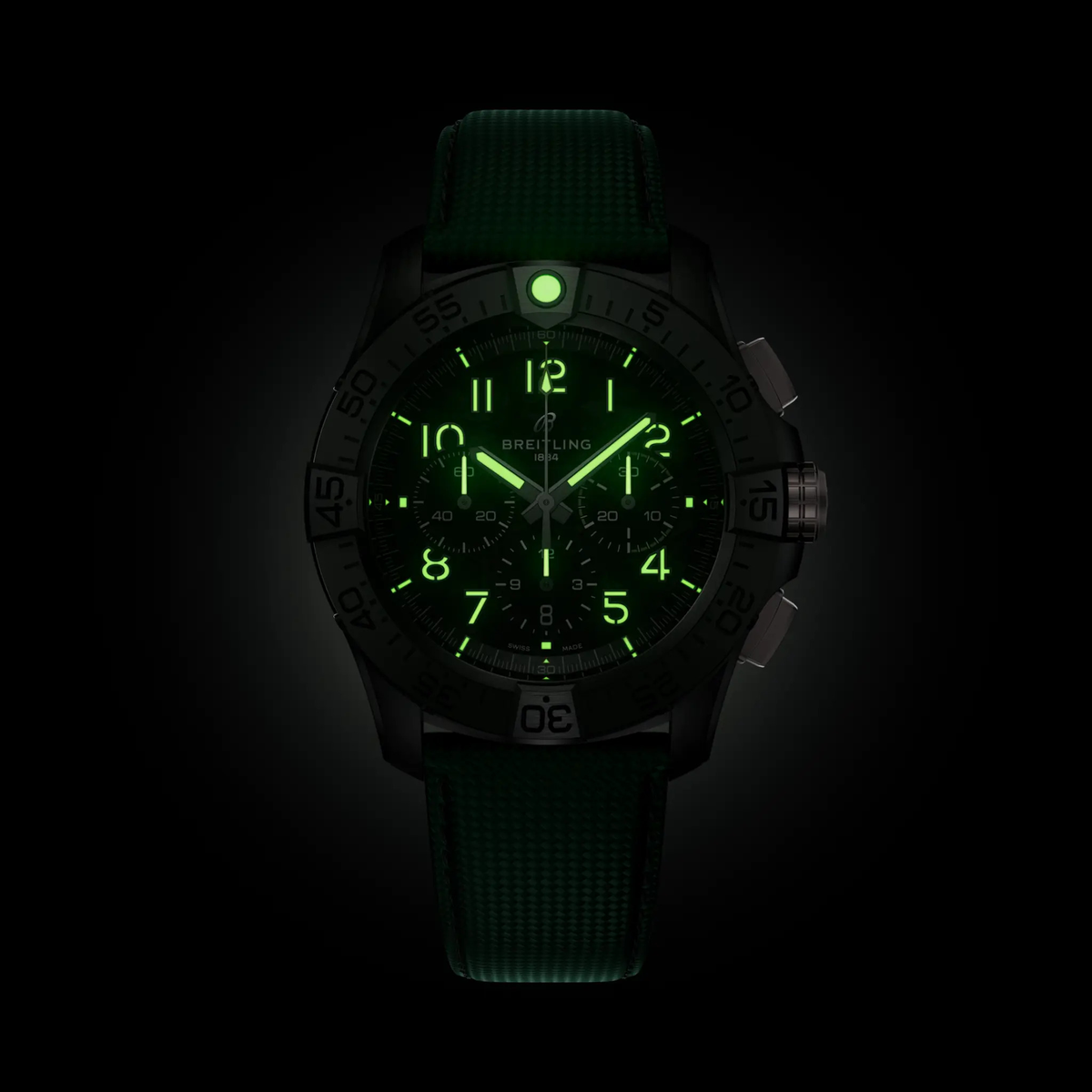BRT Super Avenger B01 Chronograph 46 Night Mission Watch with Khaki Green Leather Strap