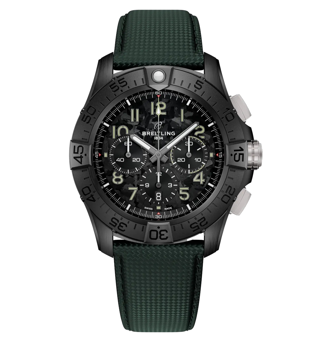 BRT Super Avenger B01 Chronograph 46 Night Mission Watch with Khaki Green Leather Strap