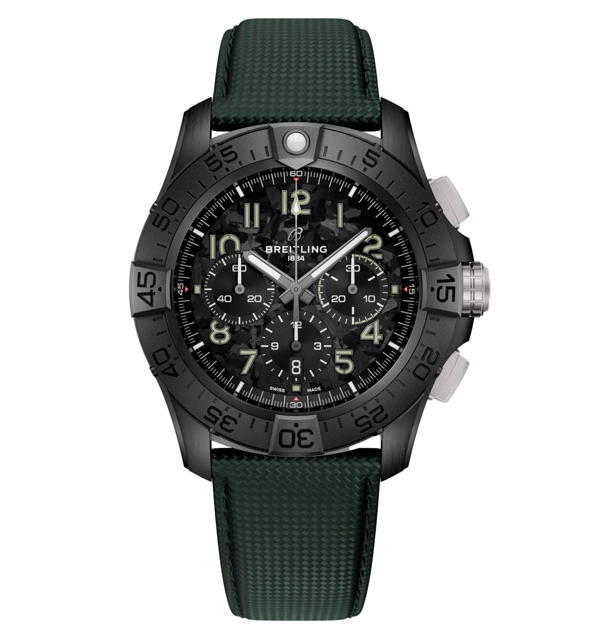 BRT Super Avenger B01 Chronograph 46 Night Mission Watch with Khaki Green Leather Strap