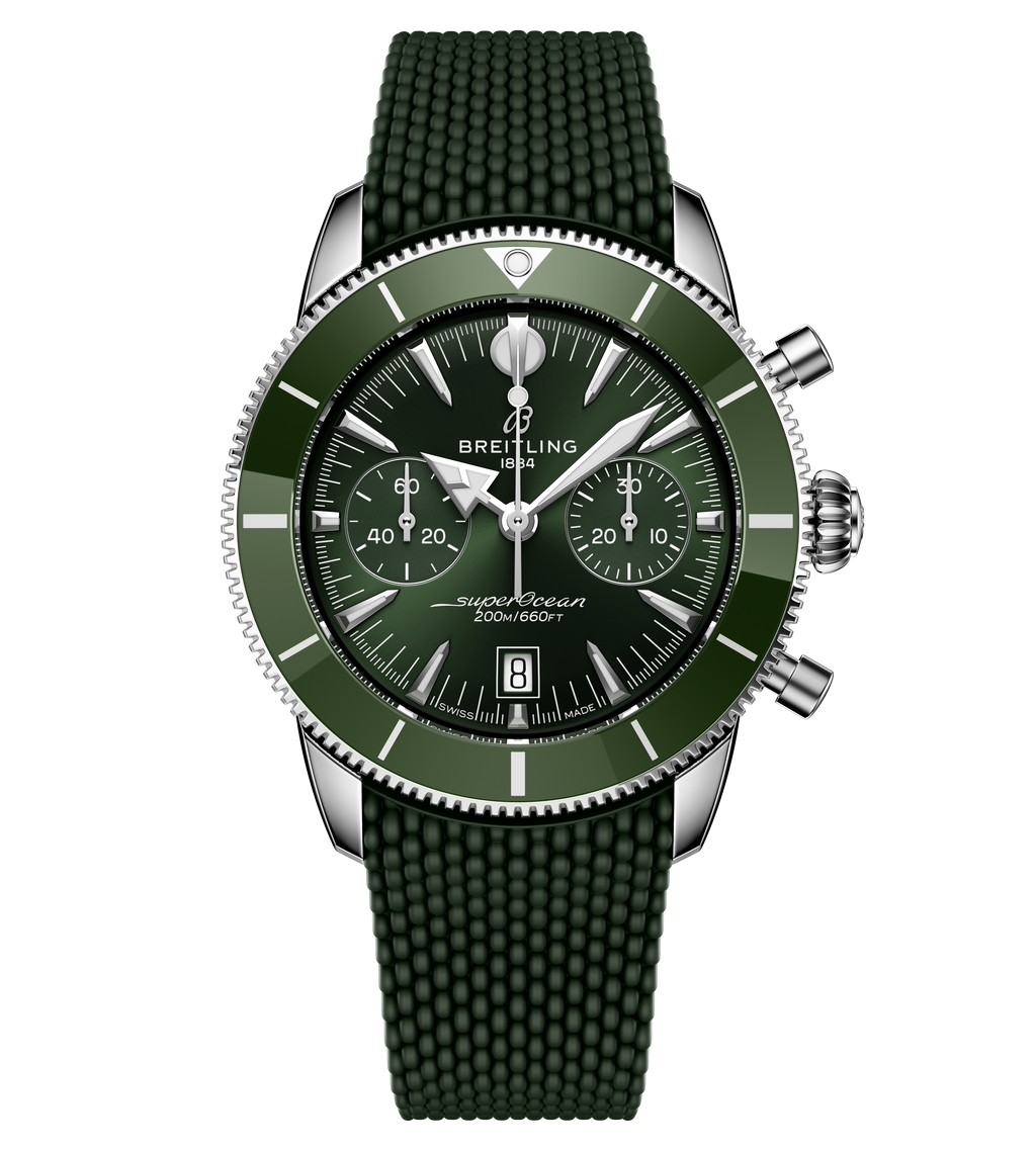 BRT Superocean Heritage B01 Chronograph 42 Watch with Green Mesh Rubber Strap