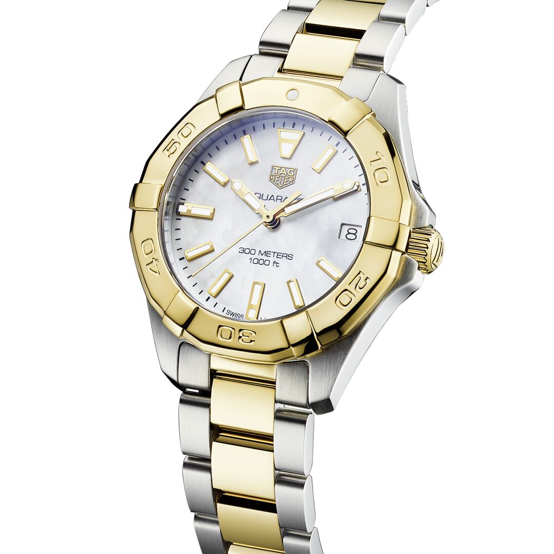 TGHR Aquaracer Ladies' Quartz Movement Mother-of-Pearl Dial and Yellow Gold Bezel Watch