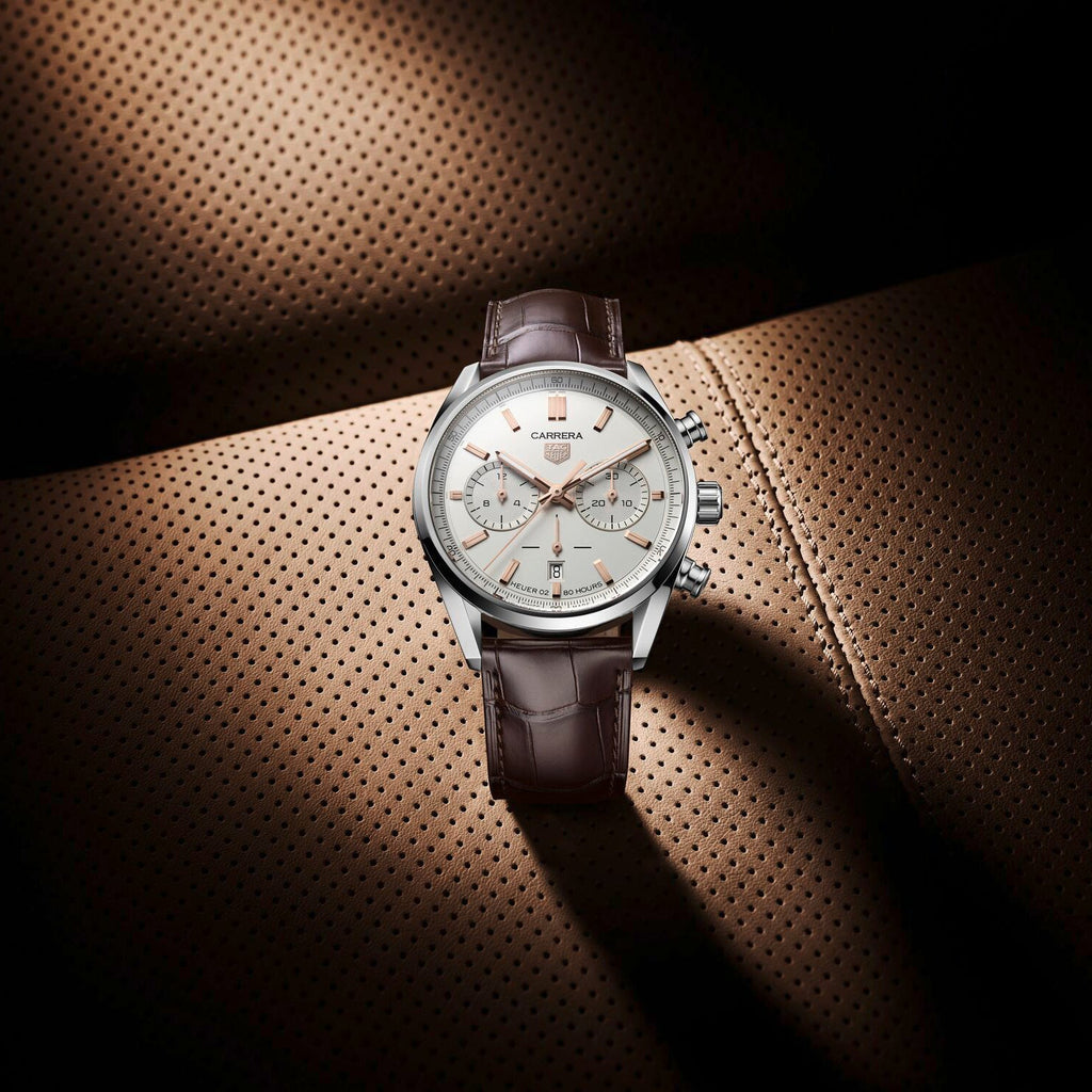 TGHR Carrera Chronograph Men's Calibre Heuer 02 Automatic Chronograph Silver Dial Watch with Leather Strap