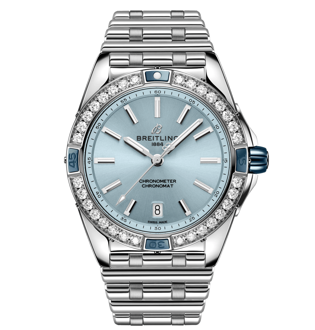 BRT Super Chronomat 38mm Diamond Watch with Light Blue Dial
