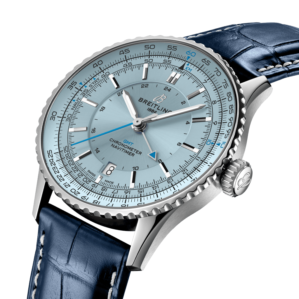 BRT Navitimer Automatic GMT 41 Watch with Navy Leather Strap