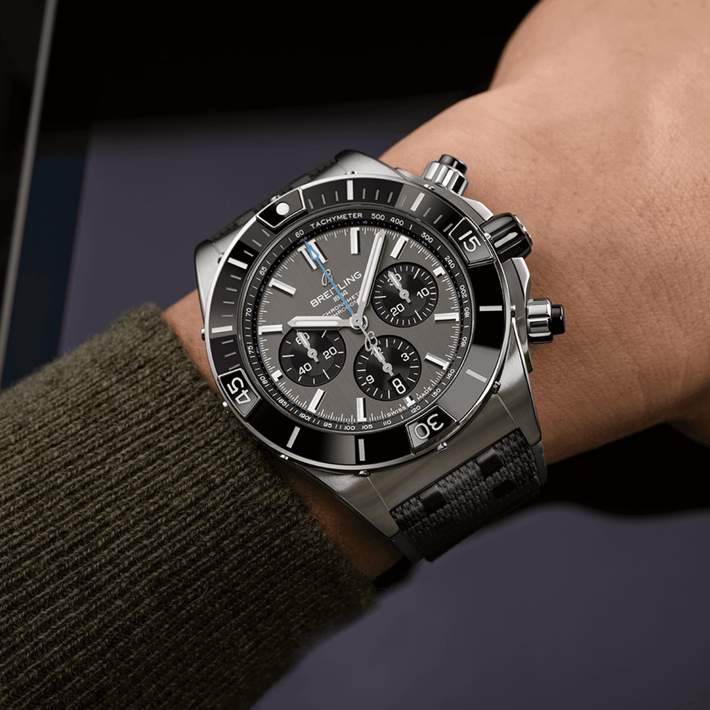 BRT Super Chronomat B01 44 Watch with Black Rubber Rouleaux Strap