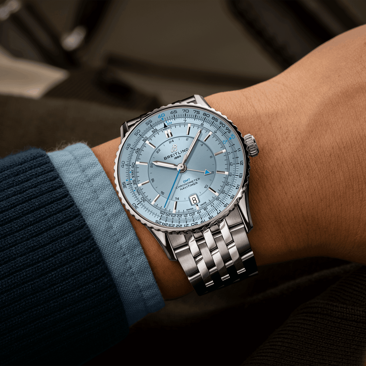 BRT Navitimer Automatic GMT 41 Watch with Ice Blue Dial