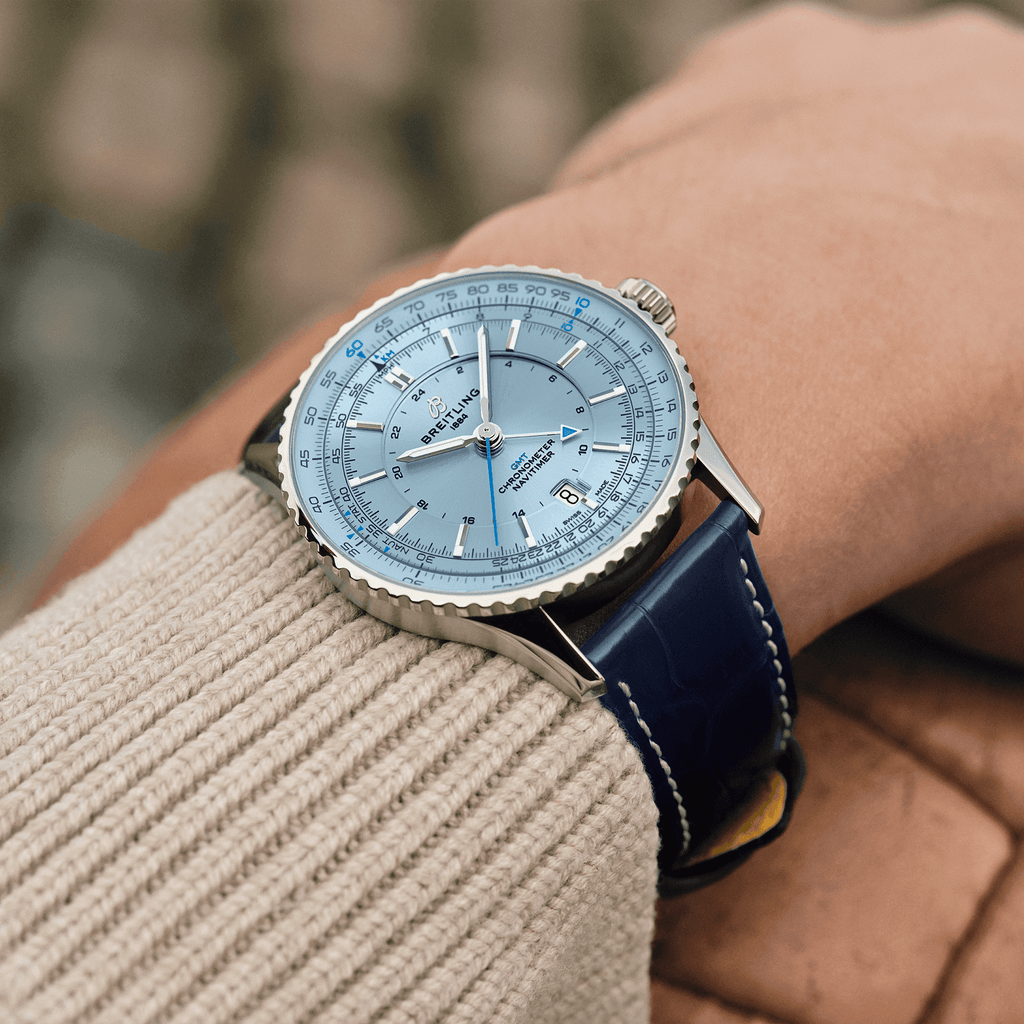 BRT Navitimer Automatic GMT 41 Watch with Navy Leather Strap