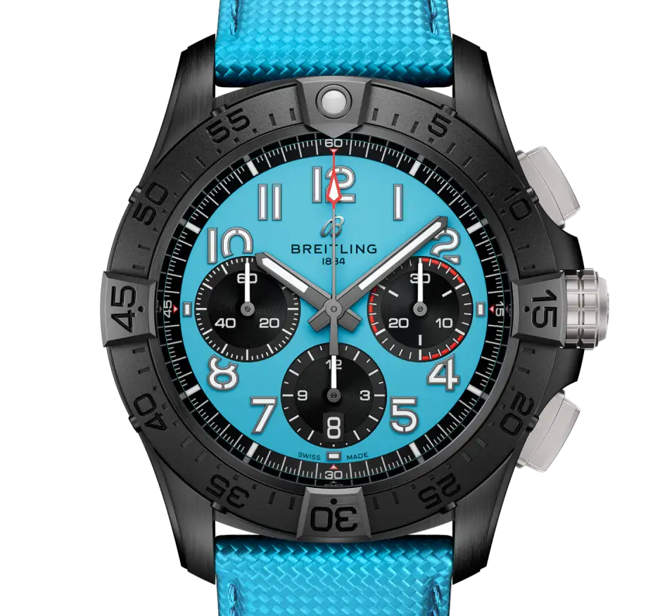BRT Avenger B01 Chronograph 42 Night Mission Watch with Turquoise Strap