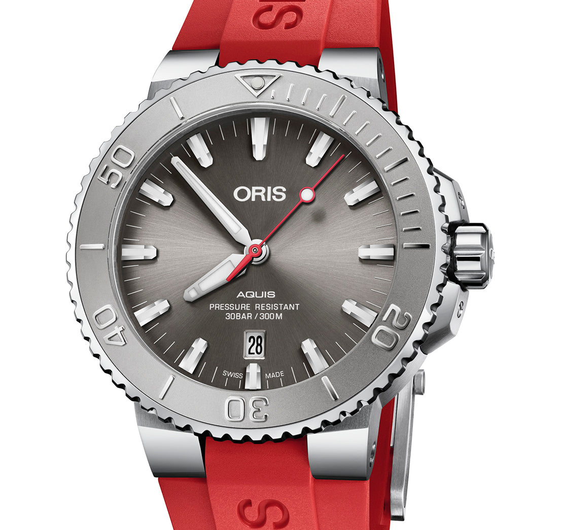 ORS Aquis Date Relief Watch with Grey Dial and Red Rubber Strap