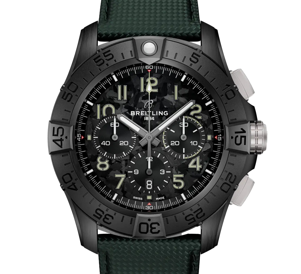BRT Super Avenger B01 Chronograph 46 Night Mission Watch with Khaki Green Leather Strap